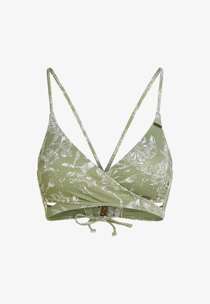 Haut de bikini vert clair avec un motif abstrait blanc, doté de bretelles spaghetti réglables et d'un système de fermeture à nouer à l'arrière.