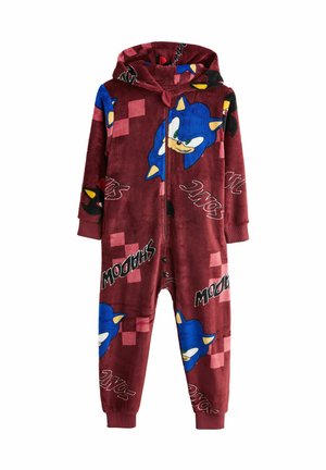 Fleece onesie in maroon featuring varied illustrations of Sonic and Shadow. Hooded design with zippers, ribbed cuffs, and checkered pattern accents.