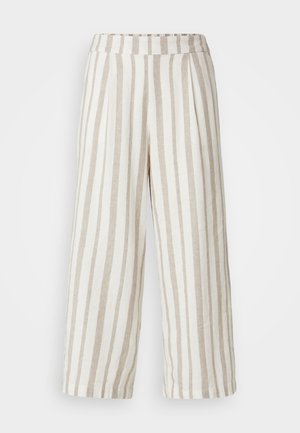 Un pantalon large en beige clair avec des rayures crème. Fabriqué à partir d'un tissu texturé, avec une taille élastiquée et un design plissé.