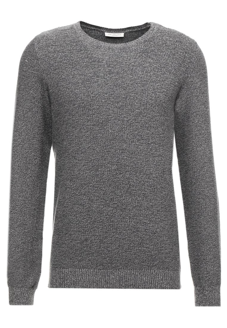 Grå stickad tröja med rund halsringning, långa ärmar och en texturerad yta. Ribbad manschetter och nederkant ger detalj åt designen.