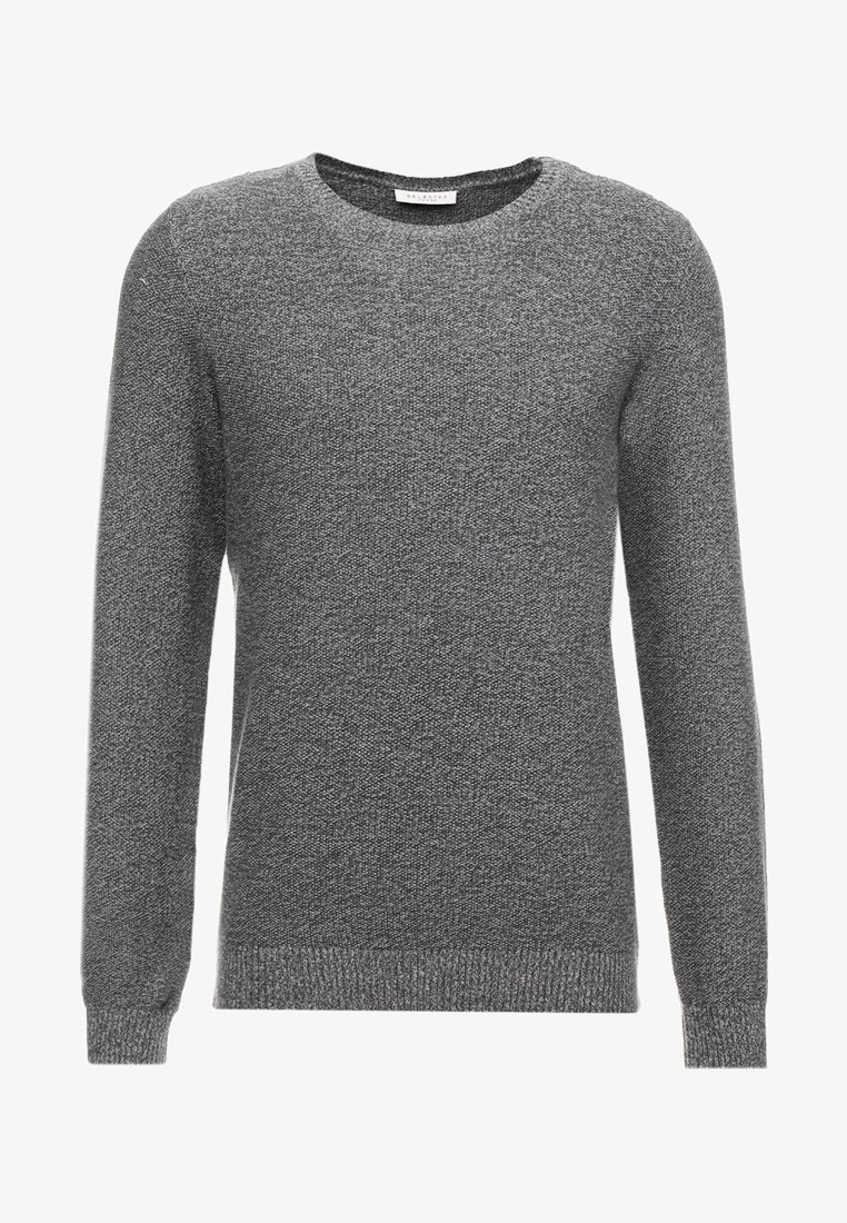 Grey knit sweater with a round neckline, long sleeves, and a textured finish. Ribbed cuffs and hem add detail to the design.