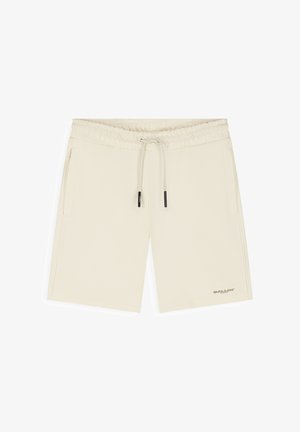 Beige katoenen shorts met elastische tailleband, trekkoord, zijzakken en klein "Ballin'" logo op het linkerbeen.
