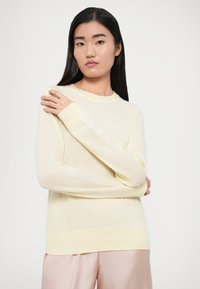 Ανοιχτό κίτρινο πουλόβερ με ριμπ μανσέτες και τελείωμα, κατασκευασμένο από απαλό, ελαφρύ υλικό. Το μοντέλο ποζάρει με σταυρωμένα χέρια σε ουδέτερο φόντο.