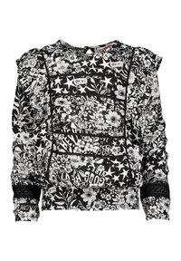 Felpa bianca e nera con motivo floreale e a stelle, caratterizzata da spalline arricciate e bordi in pizzo sui polsini e sull'orlo. Presenta una chiusura con bottoni sul retro.