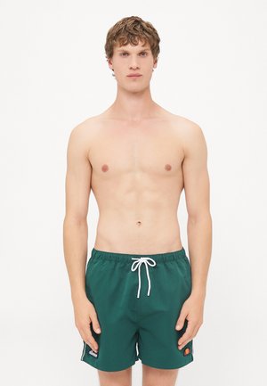 Grüne Schwimmshorts mit einem elastischen Bund, weißem Kordelzug und seitlichen Streifen; ausgestattet mit einem Logo-Patch am linken Bein.
