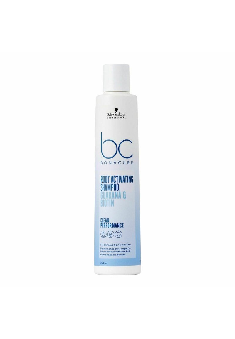 Witte plastic shampoofles met een flip-top, voorzien van een blauw verloopontwerp, met het label "BC Bonacure Root Activating Shampoo" in blauwe tekst.