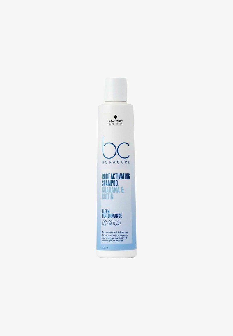 Witte plastic shampoofles met een flip-top, voorzien van een blauw verloopontwerp, met het label "BC Bonacure Root Activating Shampoo" in blauwe tekst.