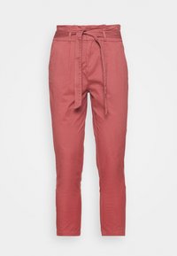 Roestkleurige, high-waisted broeken met een strikceintuur, taps toelopende pijpen, gladde katoenstof en zonder zichtbare zakken of versieringen.