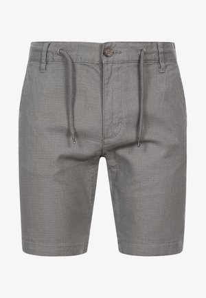 Gray shorts made of a textured fabric, featuring an adjustable drawstring waist and a front button closure. Simple, straight-leg design.