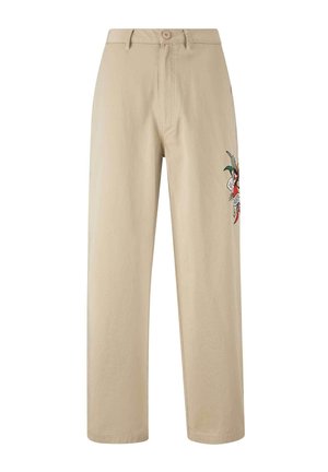 Béžové bavlněné kalhoty s vysokým pasem, rovnými nohavicemi a vyšitým vzorem na levé straně s barevným motivem.