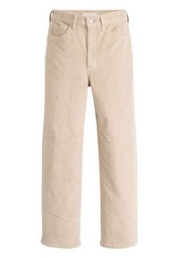 Pantalons en velours côtelé beige avec jambes droites, dotés d'une fermeture à bouton, de passants de ceinture et de deux poches avant. Texture douce et motif côtelé.