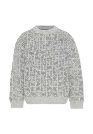 Pull en tricot gris avec un motif texturé. Doté d'un col rond et de poignets et d'un ourlet côtelés. Le matériau a l'air doux et confortable.