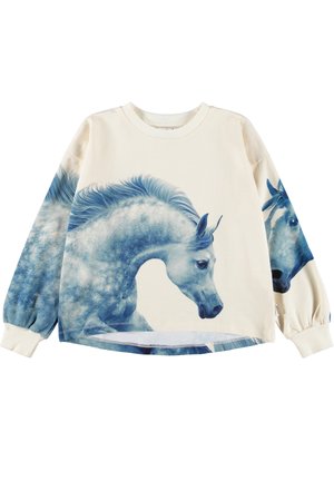 Sweatshirt med realistiske blågrå hesteillustrationer foran og på ærmerne, cremefarvet baggrund, rund halsudskæring og lange puffede ærmer.