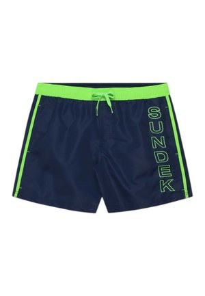 Marineblauwe zwemshort met neon groene tailleband en zijstrepen, met het woord "SUNDEK" in verticale neon groene letters op één been.