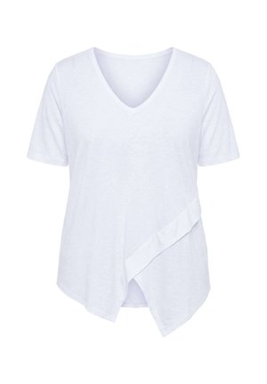 White short-sleeve V-neck top with an asymmetrical hem featuring a diagonal wrap detail on a plain background.