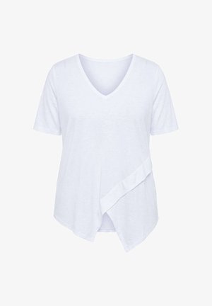 White short-sleeve V-neck top with an asymmetrical hem featuring a diagonal wrap detail on a plain background.