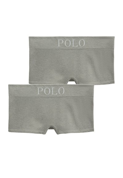 Šedé boxerky s texturovanou tkaninou, elastickým pasem s logem "POLO". Představeny dva páry, každý s podobným designem a střihem.