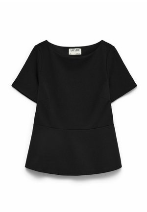 Bluza neagră cu mâneci scurte, cu decolteu tip barcă, talie mulată și detalii subtile pe cusături, etichetată "AWARE" în interiorul gulerului.
