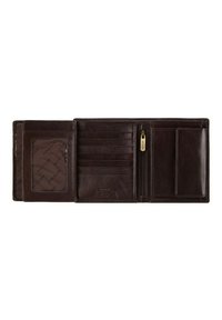 Portefeuille en cuir brun avec plusieurs emplacements pour cartes, une poche transparente pour ID et un compartiment zippé, présentant une texture lisse et un logo subtil.