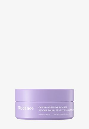 Contenitore rotondo color lavanda etichettato "Biodance Caviar PDRN Eye Patches", contenente 30 paia, peso netto 85 g (2,99 oz).