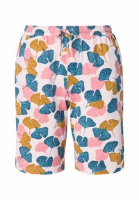 Korte, lichte shorts met een roze achtergrond en prints van blauwe en gele ginkgo bladeren; elastische tailleband met een trekkoorddetail.