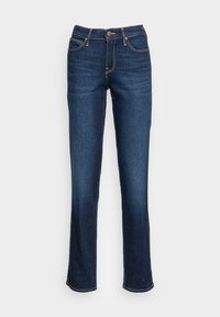 Dark blue denim jeans with a straight leg design, featuring gold stitching, a button fly, and five pockets. Smooth texture, no visible patterns.