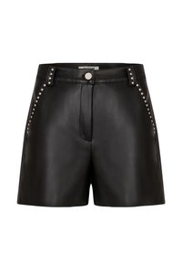 Sorte lædershorts med et elegant design, sølvfarvede nitter langs sidesømmene og en frontknaplukning.