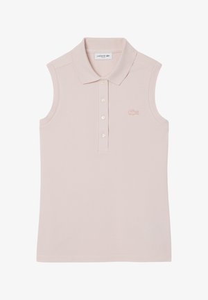 Hellrosa ärmelloses Poloshirt aus glattem Stoff, mit Kragen, einer Drei-Knopf-Leiste und einem gestickten Logo auf der Brust.