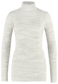 Gerippter Rollkragenpullover in Hellgrau mit weicher Textur. Hat lange Ärmel und eine figurbetonte Passform ohne Muster oder Verzierungen.