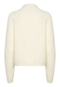 White, cropped sweater with a textured knit design, featuring long sleeves and a wide neckline, crafted from soft fabric.