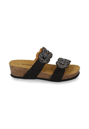Sandalo con zeppa nero con due cinturini decorati con perline nere e argento e suola in sughero.