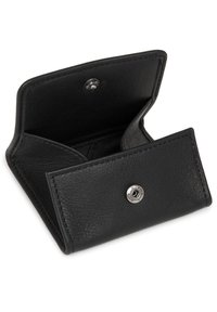 Black leather wallet with a textured finish, snap closure, and interior compartments for cards or cash. Compact and flat design.