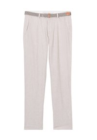 Ljust beiga chinosbyxor i strukturerad tyg. Har ett vävt bälte med en silverfärgad spänne och läderdetalj. Två sidofickor.