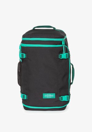 Schwarzer rechteckiger Eastpak-Rucksack mit türkisfarbenen Reißverschlüssen, Schnallen, Griff und Logo-Patch, mit seitlicher Netzfach und Kompressionsriemen.
