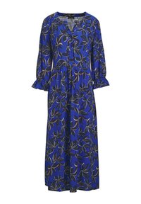Abito blu a fantasia con maniche 3/4, caratterizzato da un design floreale in nero e marrone, chiusura con bottoni e una silhouette rilassata e fluida.