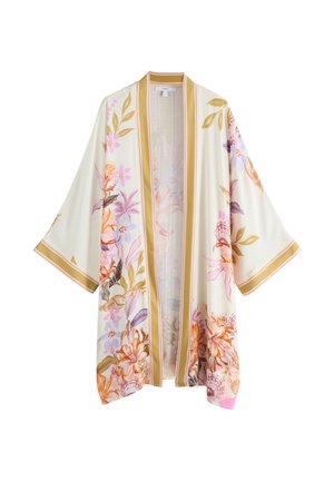 Jasnokremowy szlafrok w stylu kimono z szerokimi rękawami, złotym wykończeniem i kwiatowymi wzorami w odcieniach różu, pomarańczy, fioletu i zieleni.