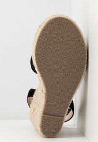 Semelle de chaussure avec dessous en caoutchouc texturé et talon compensé en jute tissée, incliné contre un mur d'angle blanc, montrant les bords noirs de la bride de cheville.