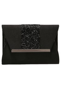 Pochette noire avec un panneau central texturé de petites perles brillantes et une barre métallique horizontale argentée près du bord du rabat.