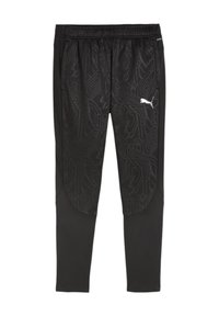 Zwarte sportieve broek met een textuur en geometrisch patroon, elastische tailleband en een wit Puma-logo op de linker dij. Glad materiaal.