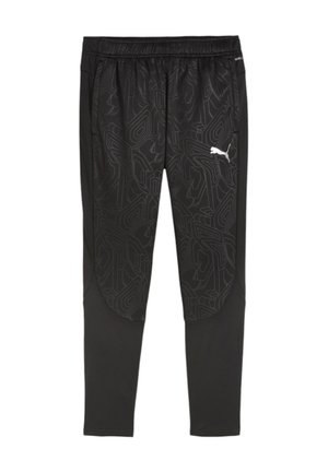 Schwarze Sporthose mit einem strukturierten geometrischen Muster, elastischem Bund und einem weißen Puma-Logo am linken Oberschenkel. Glattes Material.