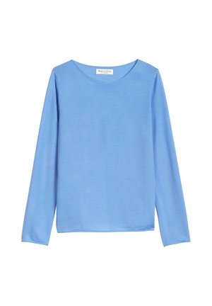 Haut à manches longues bleu clair en tissu doux avec un col rond. Texture lisse, coupe décontractée et sans motifs ni accents visibles.