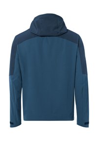 Giacca blu con cappuccio, con pannelli sulle spalle di un blu più scuro e maniche lunghe. Texture liscia e design semplice.