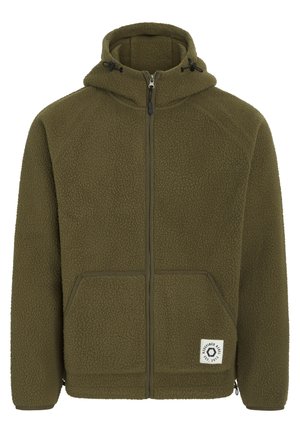Olive green fleece jacket with a zip-up front, hood, two front pockets, textured fabric, and logo patch on the lower right.
