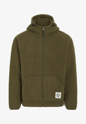Veste en polaire vert olive avec fermeture éclair à l'avant, capuche, deux poches avant, tissu texturé et patch logo en bas à droite.
