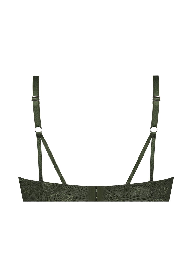 Groene kanten beha met verstelbare bandjes, mesh-details en haaksluiting. Kenmerkt zich door een bloemenpatroon langs de band en een gladde textuur.