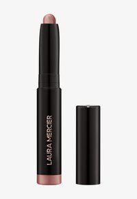 Leppestift i en svart sylinderformet tube med en rosa shimmer-tipp. Har merkevarenavnet "Laura Mercier" i gullskrift på siden.