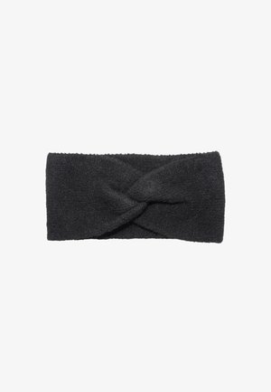 Black, textured fabric headband with a knotted design at the front. Soft material, approximately 4 inches wide, suitable for cold weather.