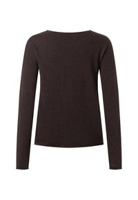 Maglione a maniche lunghe in maglia marrone scuro con scollatura a barca, esposto piatto su uno sfondo bianco, mostrando il lato retro.