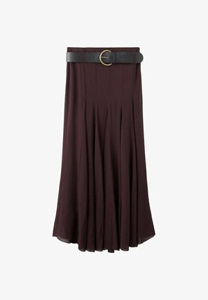 Long maroon skirt made of flowing fabric, featuring pleats and a black belt with a gold circular buckle. Simple design, lightweight texture.