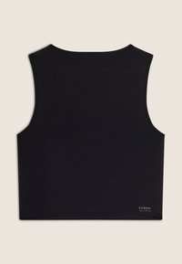 Top corto senza maniche nero, realizzato in tessuto morbido; presenta un collo rotondo e un piccolo dettaglio del logo in oro sull'orlo. Senza fantasie.